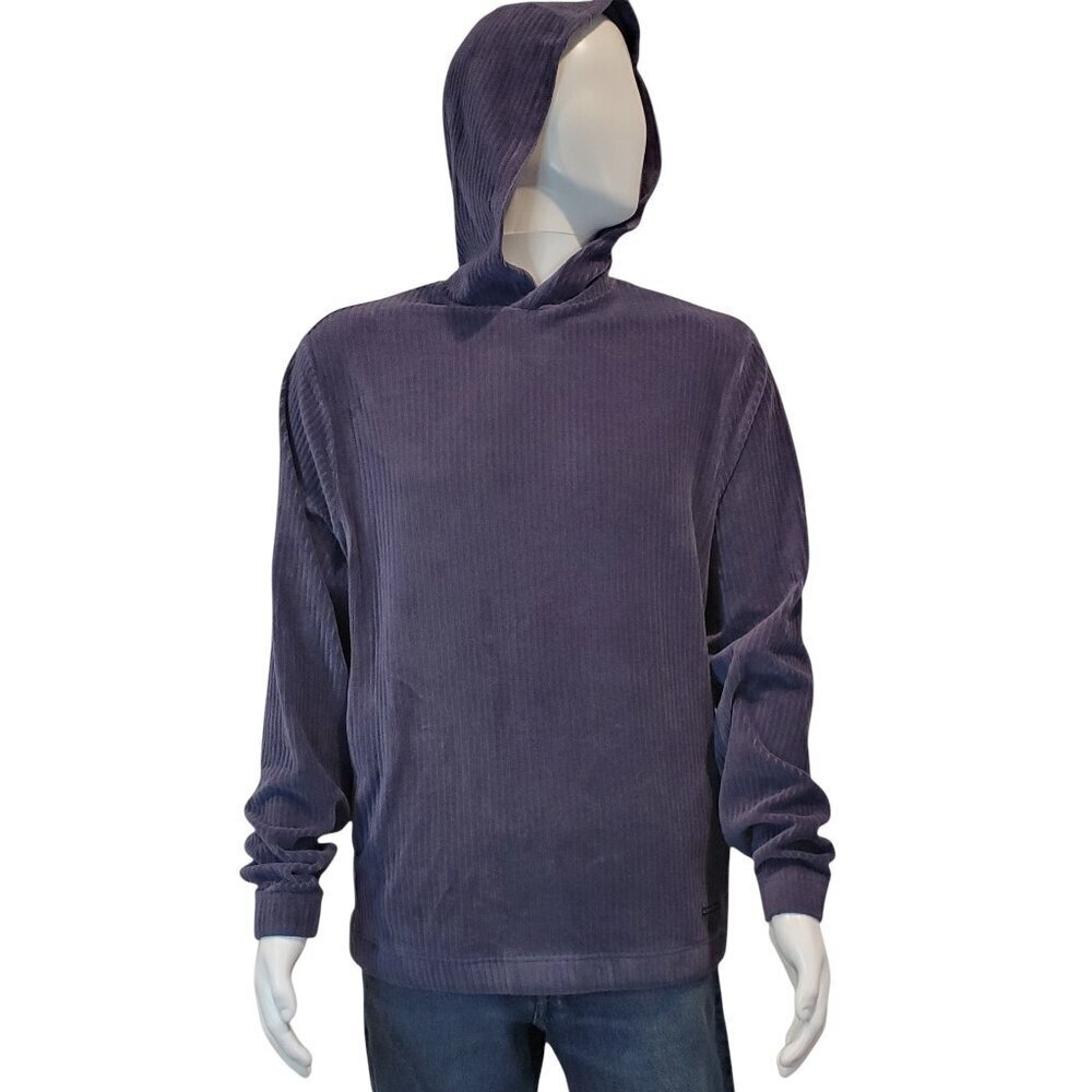 ALTON GRAY Men's Pullover Hoodie Ribbed Velour in Blue Kangaroo Pockets SZ L